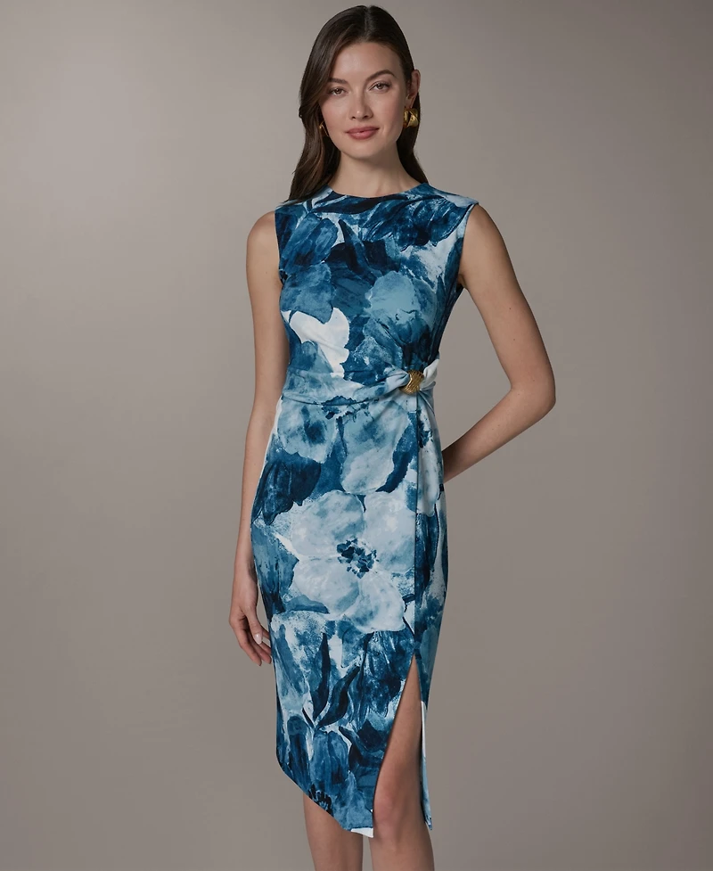 Donna Karan New York Petite Printed Ribbed Knot Hardware Midi Dress