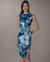Donna Karan New York Petite Printed Ribbed Knot Hardware Midi Dress