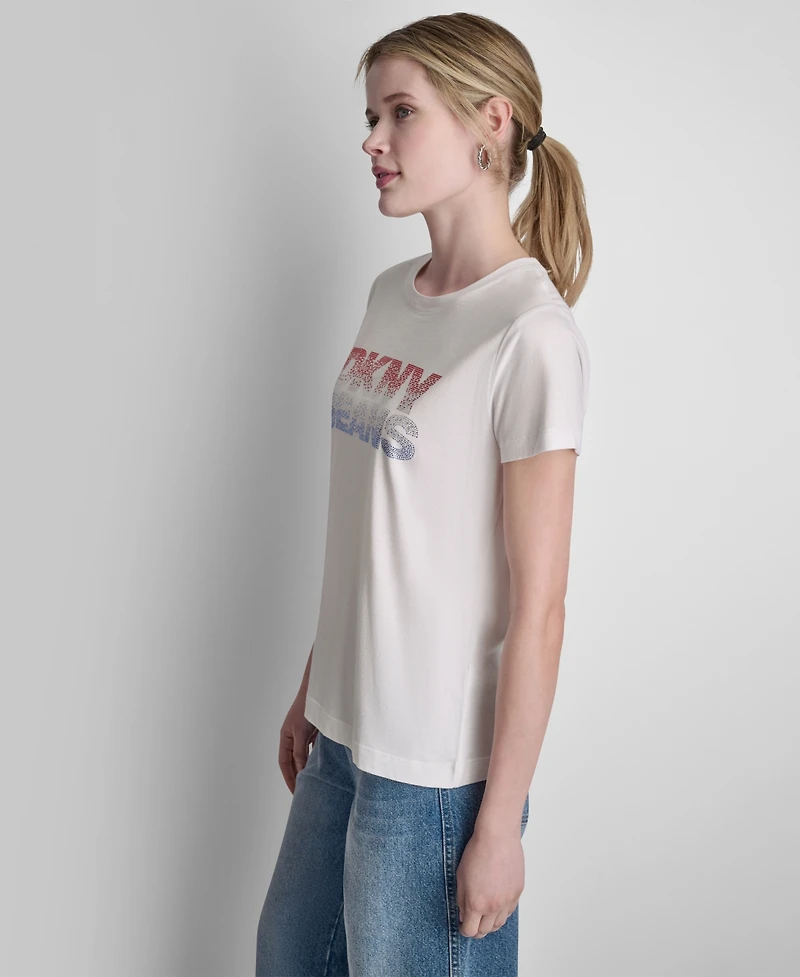 Dkny Jeans Women's Stacked Ombre Mini Rhinestone Logo Crewneck T-Shirt