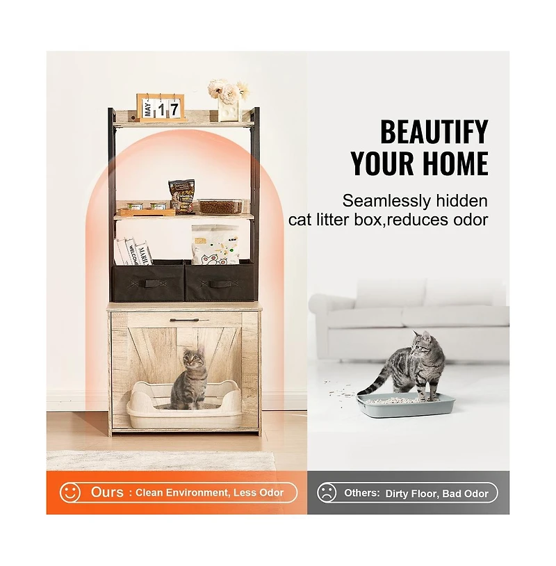 Sugift Cat Litter Box Enclosure Hidden Litter Box Furniture with 2 Storage Shelves and 2 Baskets
