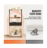 Sugift Cat Litter Box Enclosure Hidden Litter Box Furniture with 2 Storage Shelves and 2 Baskets