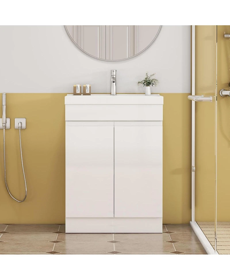 Sillysis 24 Inch Freestanding Bathroom Vanity with Ceramic Sink, Soft Close Doors, Modern Glossy White Srorage Cabinet