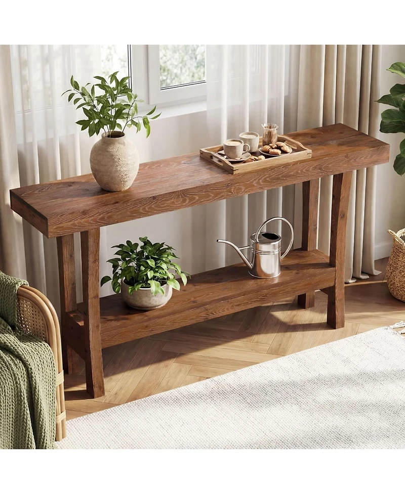 Tribesigns 63" Farmhouse Solid Wood Console Table, Narrow Entryway Table with 2-Tier Storage Shelf