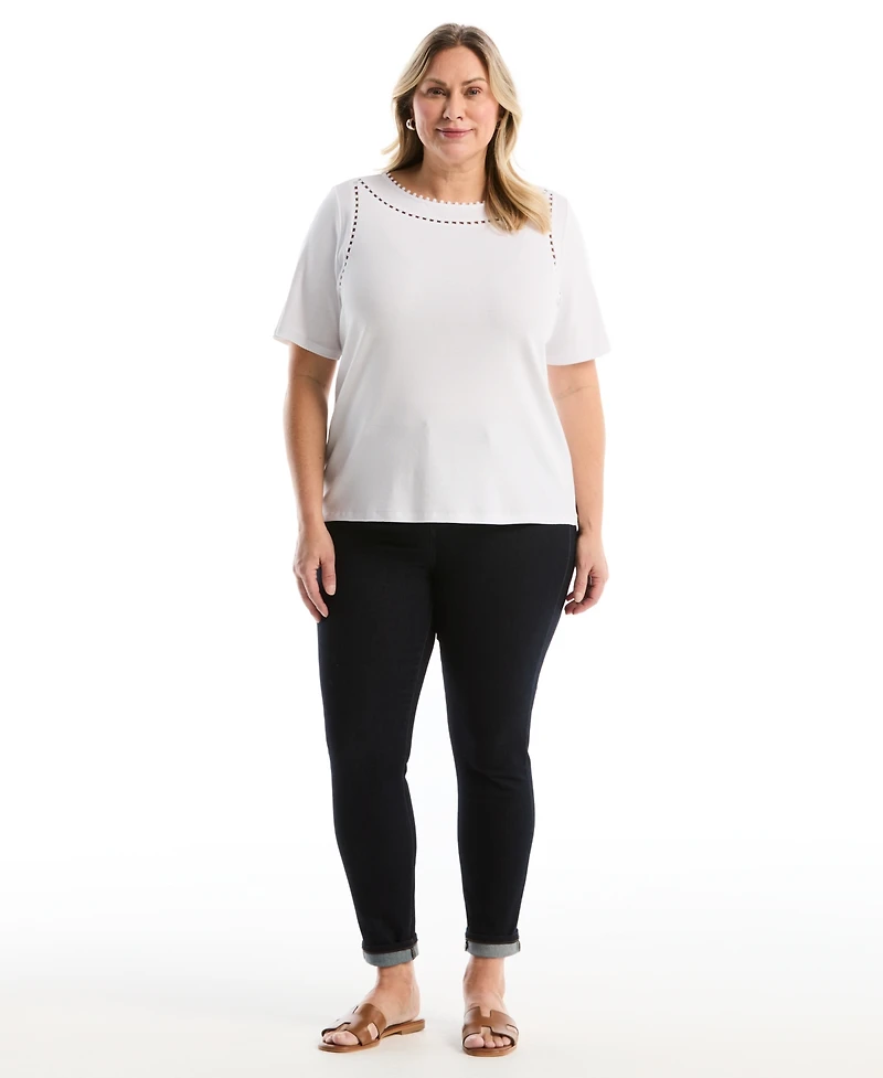 Rafaella Plus Pom Trim Detail Short-Sleeve Top