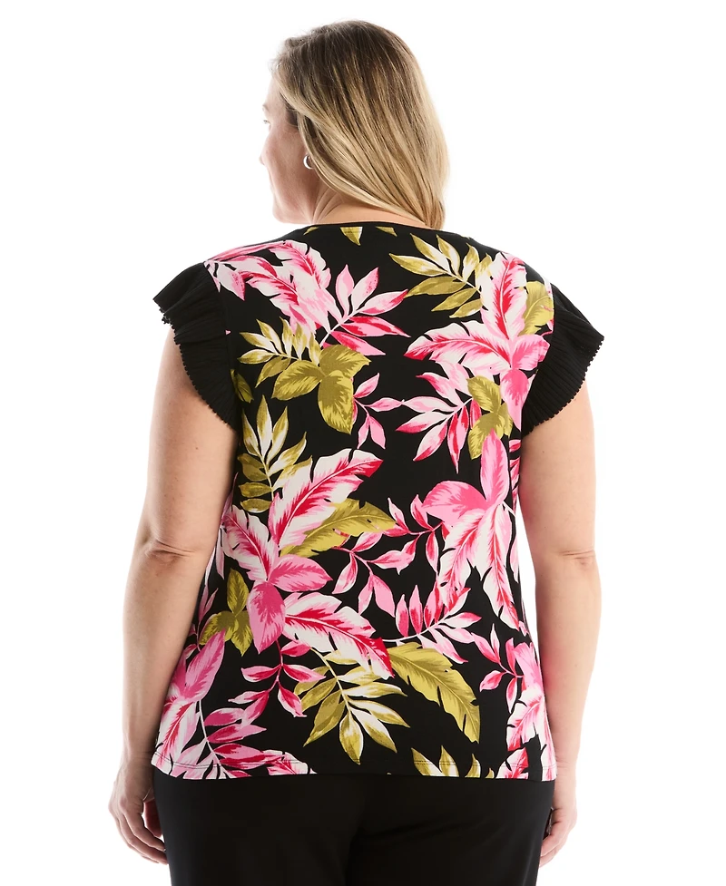 Rafaella Plus Tropical Print Ruffle Cap-Sleeve Top
