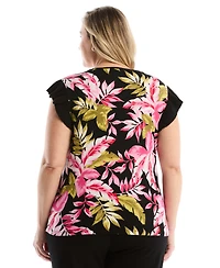 Rafaella Plus Tropical Print Ruffle Cap-Sleeve Top