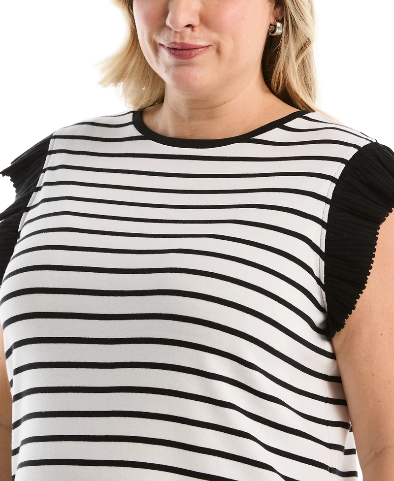 Rafaella Plus Striped Ruffle Cap-Sleeve Top