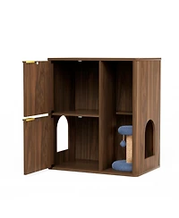 Zeus & Ruta 31.5'' Cat Litter Cabinet with Tree, Grooved Concealed Furniture Featuring Dual Doors