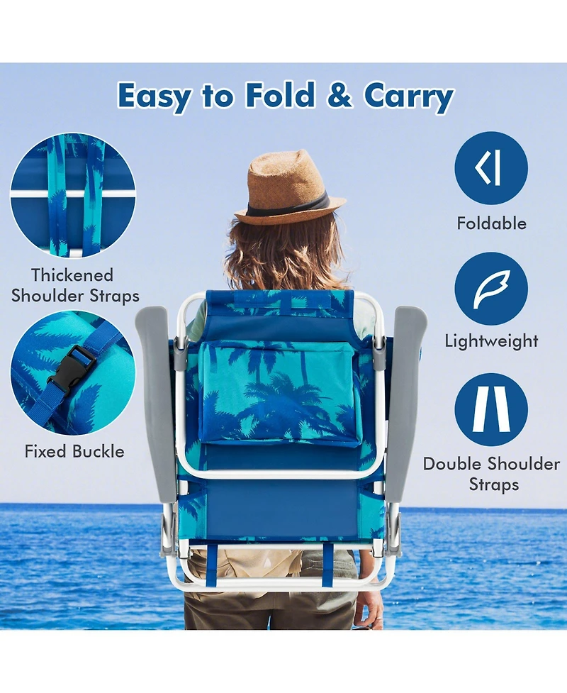Gymax 2 Pieces Beach Chair 5-Position Outdoor Reclining Chairs w/ Head Pillow and Storage Bag