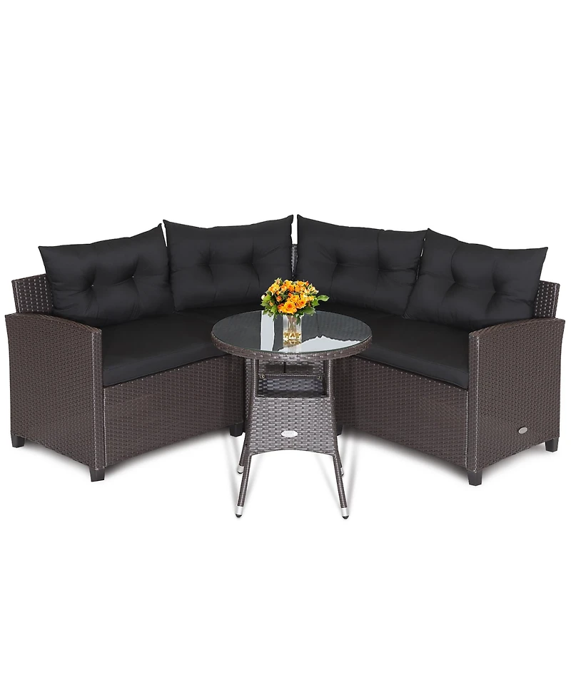 Costway 4PCS Patio Rattan Furniture Set Cushioned Sofa Glass Table Garden