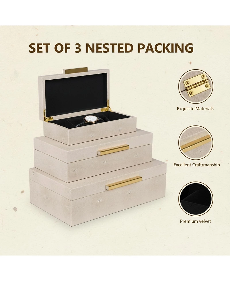Yigii Shagreen Decorative Boxes Set Of 3 Faux Leather Metal Handles Stackable Home Organizer