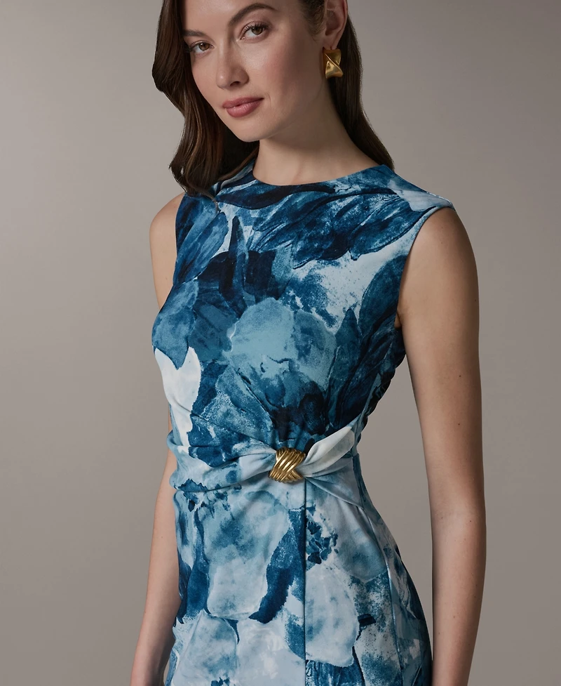 Donna Karan New York Women's Crewneck Sheath Ribbed Knot Sleeveless Midi Dress