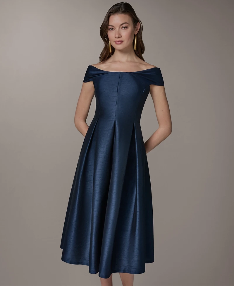 Donna Karan New York Women's Off-Shoulder Scoop Neck Jacquard Fit & Flare Midi Dress