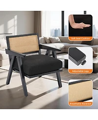 gaomon Wood Accent Chair with Rattan Backrest and Linen Cushion