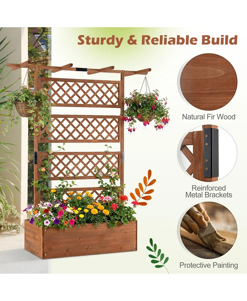 Gymax Wooden Planter Box w/Lattice Trellis Flat Roof Drainage for Climbing Plant