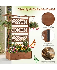 Gymax Wooden Planter Box w/Lattice Trellis Flat Roof Drainage for Climbing Plant