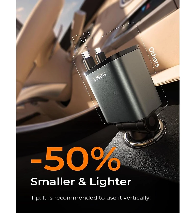 Lisen 4-in-1 Retractable Car Charger with Led Ambient Light, 75W Fast Charging Usb-c Car Adapter with Built-in Cables for iPhone and Android