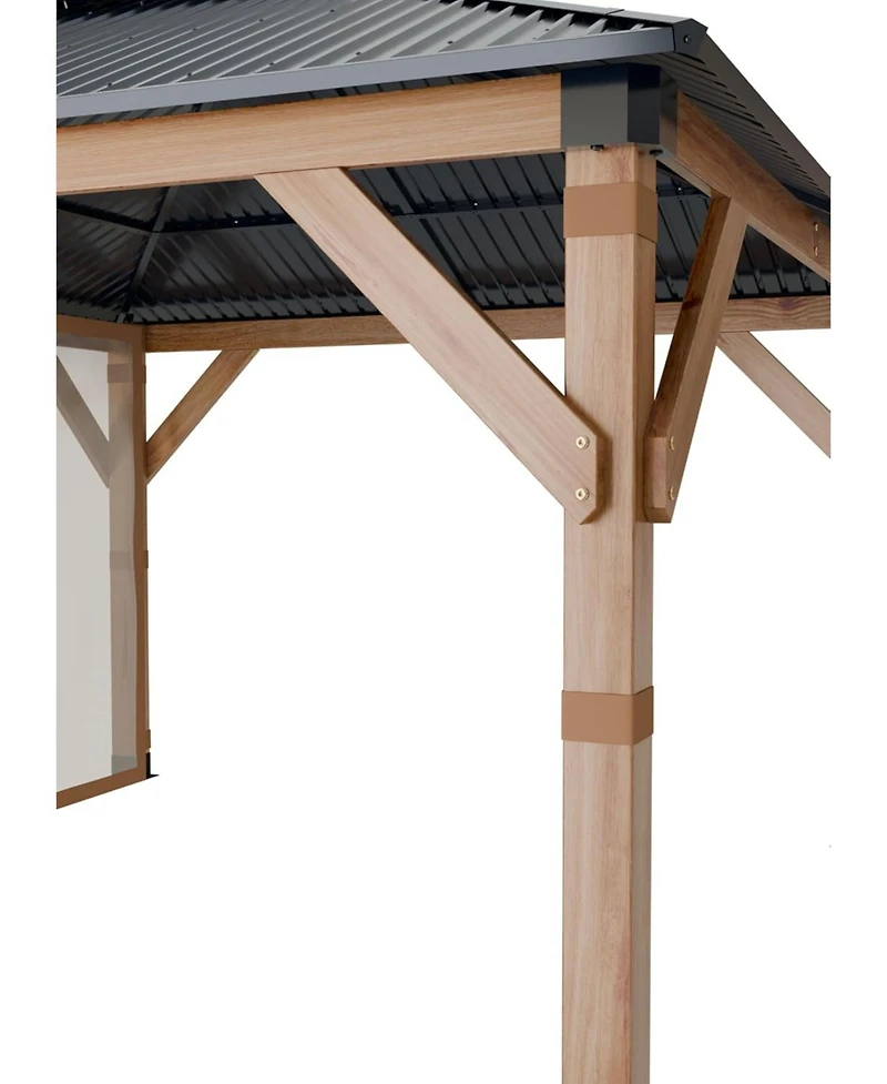 gaomon Hardtop Wood Gazebo 10ft x 12ft for All Weather, Double Metal Roof, Heavy Duty Wooden Frame, Net, and Curtain, Permanent Building for Patio