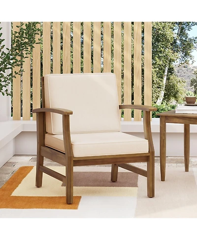 Rainsken Outdoor Accent Chair, Acacia Wood Patio Chair with Thick Cushions and Slat Panel Design, Weather Resistance for Backyard Poolside