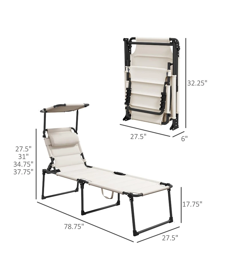 ECHTPeak Outdoor Lounge Chair, Adjustable Backrest Folding Chaise Lounge, Cushioned Tanning Chair w/Sunshade Roof and Pillow Headrest