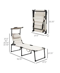 ECHTPeak Outdoor Lounge Chair, Adjustable Backrest Folding Chaise Lounge, Cushioned Tanning Chair w/Sunshade Roof and Pillow Headrest