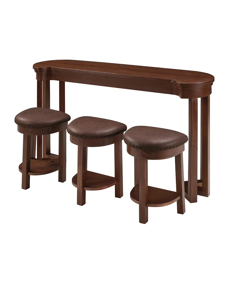 Rainsken 60'' Bar Table and Chairs Set - with 3 Pu Upholstered Stools, Solid Wood Counter Height Dining for Living Room