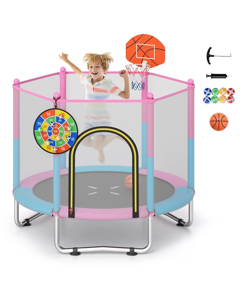 Slickblue Macaron Kids 60 Inch Trampoline with Basketball Hoop and Safety Net