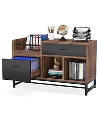 Rainsken Lateral Filing Cabinet, Wood Printer Stand with 2 Drawers and Open Storage Shelves for Home Office Organization