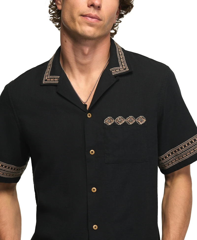 Lucky Brand Men's Embroidered Detail Camp Collar Shirt