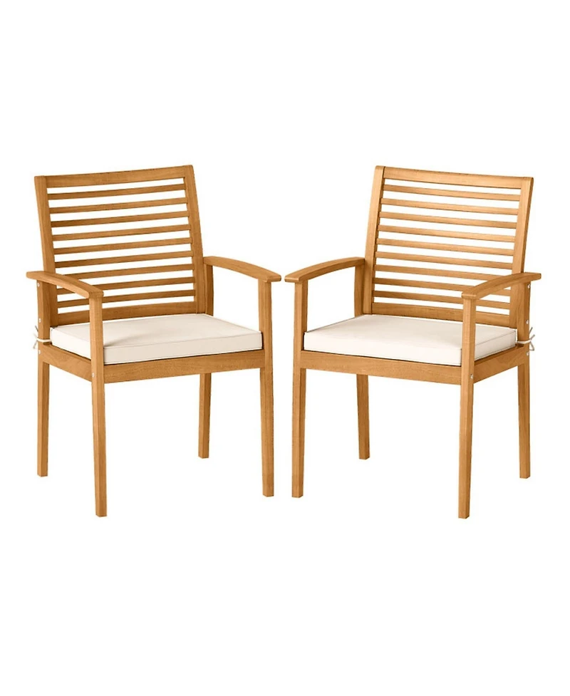 Gouun Set of 2 Acacia Wood Outdoor Patio Dining Chairs with Slatted Backrest and Padded Cushions