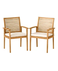 Gouun Set of 2 Acacia Wood Outdoor Patio Dining Chairs with Slatted Backrest and Padded Cushions