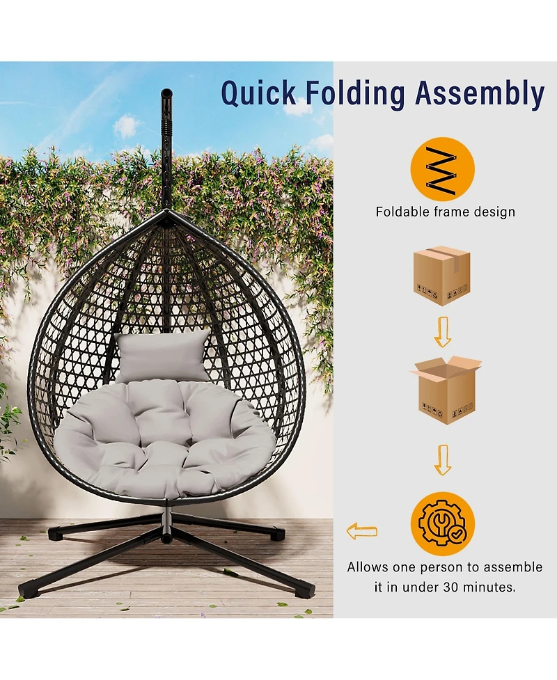 Rainsken Egg Hanging Chair, Foldable Pe Rattan Hammock Swing Chair with Soft Removable Cushion, 330 lbs Capacity for Balcony and Garden