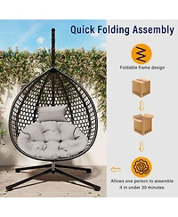 Rainsken Egg Hanging Chair, Foldable Pe Rattan Hammock Swing Chair with Soft Removable Cushion, 330 lbs Capacity for Balcony and Garden