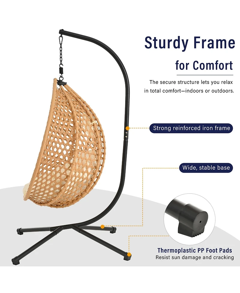 Rainsken Egg Hanging Chair, Foldable Pe Rattan Hammock Swing Chair with Soft Removable Cushion, 330 lbs Capacity for Balcony and Garden