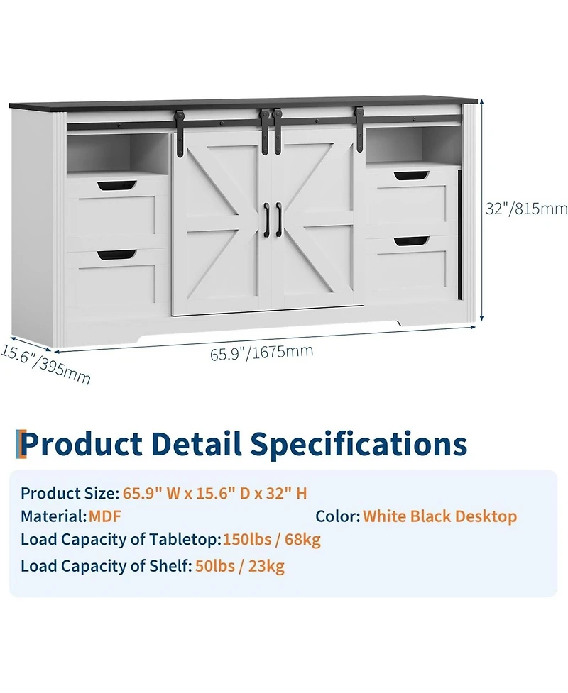 gaomon Farmhouse TV Stand for Up to 70 Inch Tvs, Rustic Cabinet with Sliding Barn Doors, 4 Drawers & Adjustable Shelf