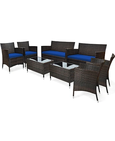 8PCS Rattan Patio Cushioned Sofa Chair Coffee Table