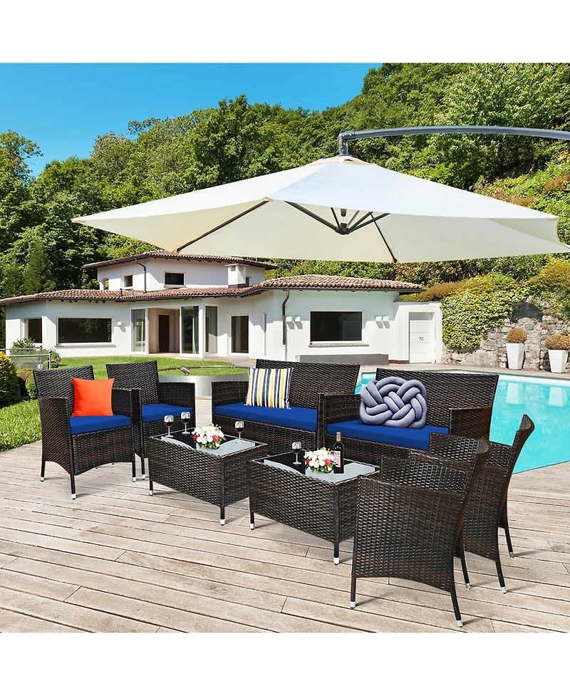 8PCS Rattan Patio Cushioned Sofa Chair Coffee Table