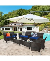 8PCS Rattan Patio Cushioned Sofa Chair Coffee Table