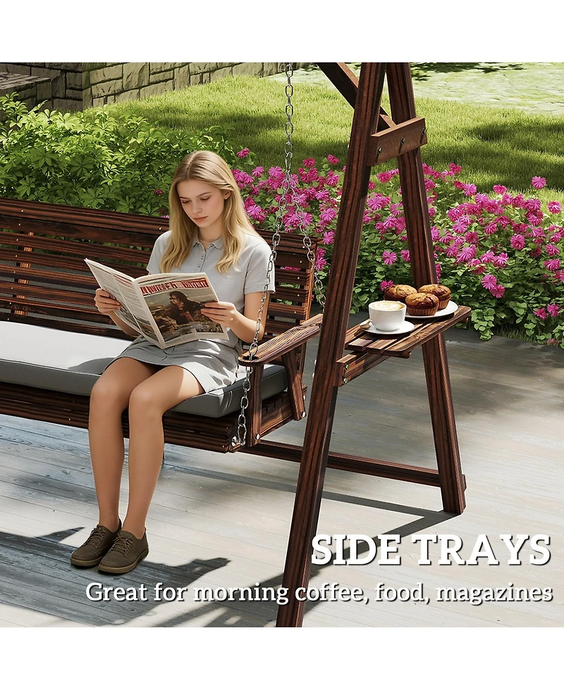 Outsunny 3 Seat Porch Swing with Cushion and Side Trays