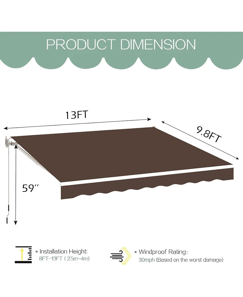 Aecojoy 13'x10' Manual Retractable Awning Sun Shade, Patio Awning Canopy