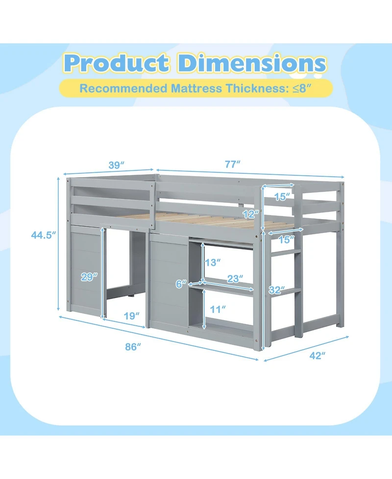 Slickblue Kids Wooden Low Loft Bed with Led Lighting and Dual Doors Storage Design
