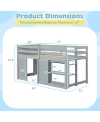 Slickblue Kids Wooden Low Loft Bed with Led Lighting and Dual Doors Storage Design