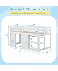 Slickblue Kids Wooden Low Loft Bed with Led Lighting and Dual Doors Storage Design
