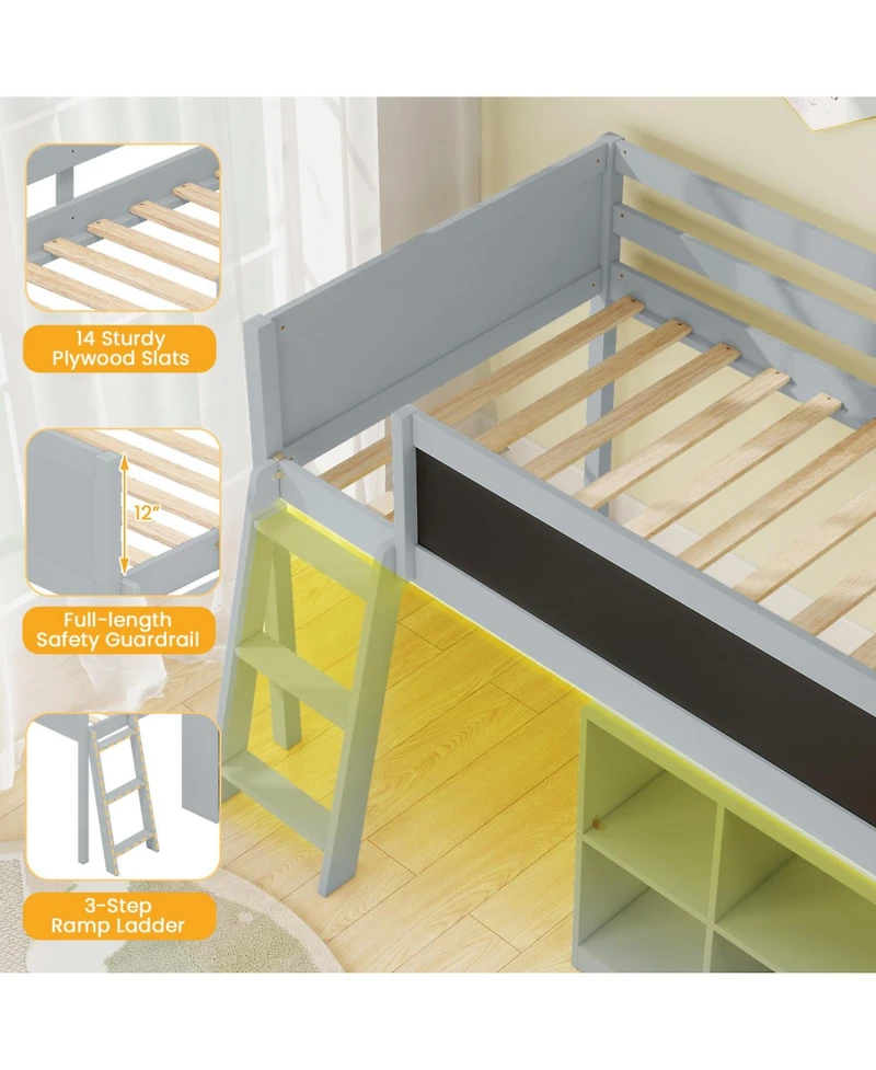 Slickblue Wooden Kids Loft Bed with Led Lighting and Detachable Bookcase Organizer