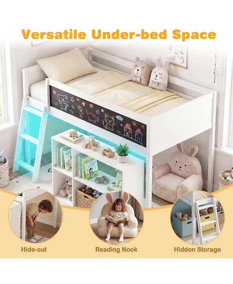 Slickblue Wooden Kids Loft Bed with Led Lighting and Detachable Bookcase Organizer