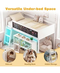 Slickblue Wooden Kids Loft Bed with Led Lighting and Detachable Bookcase Organizer