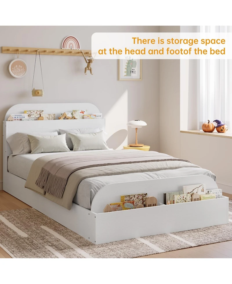 Homfan Wooden Beds with Storage Headboard and Raised-Foodboard, Twin-Floor Low Platform Bed for Bedroom