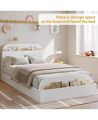 Homfan Wooden Beds with Storage Headboard and Raised-Foodboard, Twin-Floor Low Platform Bed for Bedroom