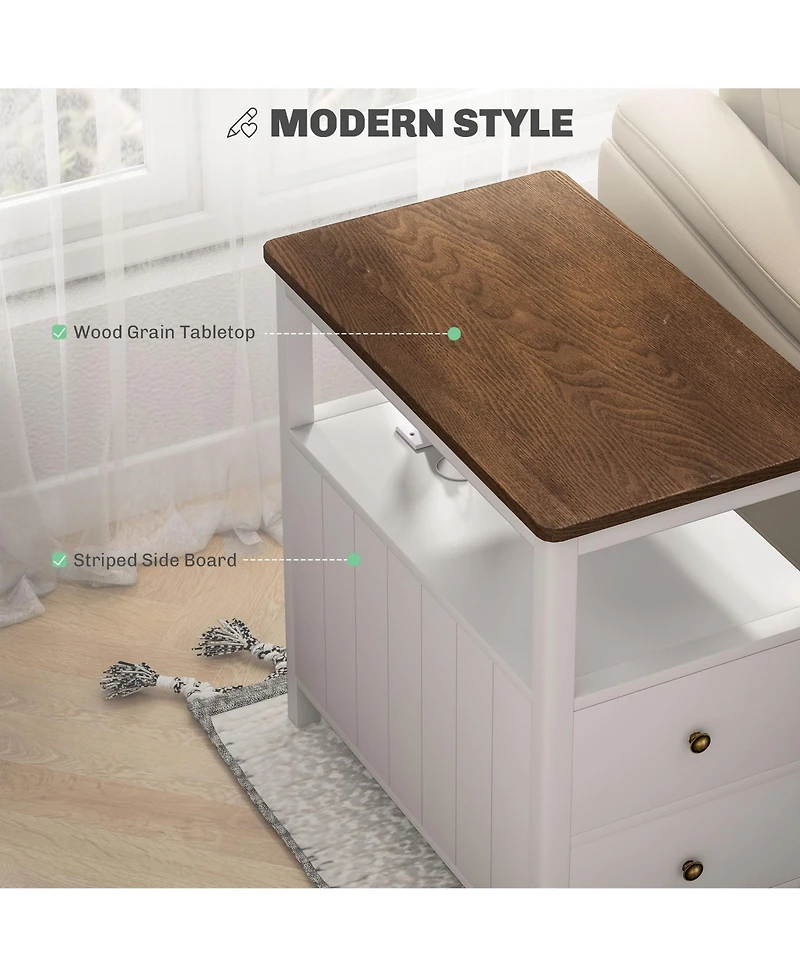 Homcom Narrow End Table with Charging Station, Usb Ports, Drawers,