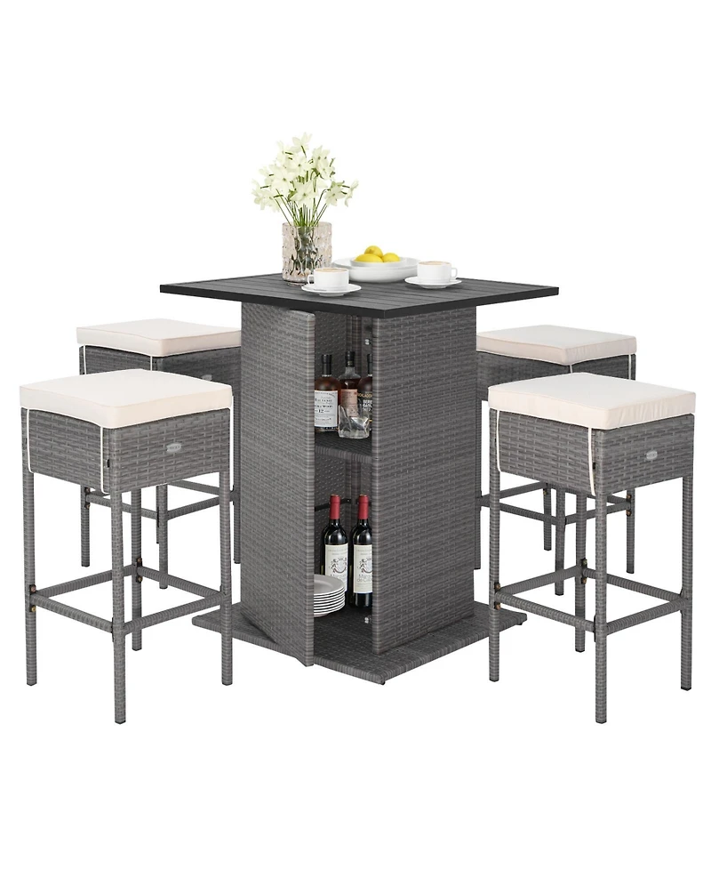 Gymax 5PCS Wicker Bar Table Set Hidden Storage Shelves Bar Table Stools Patio